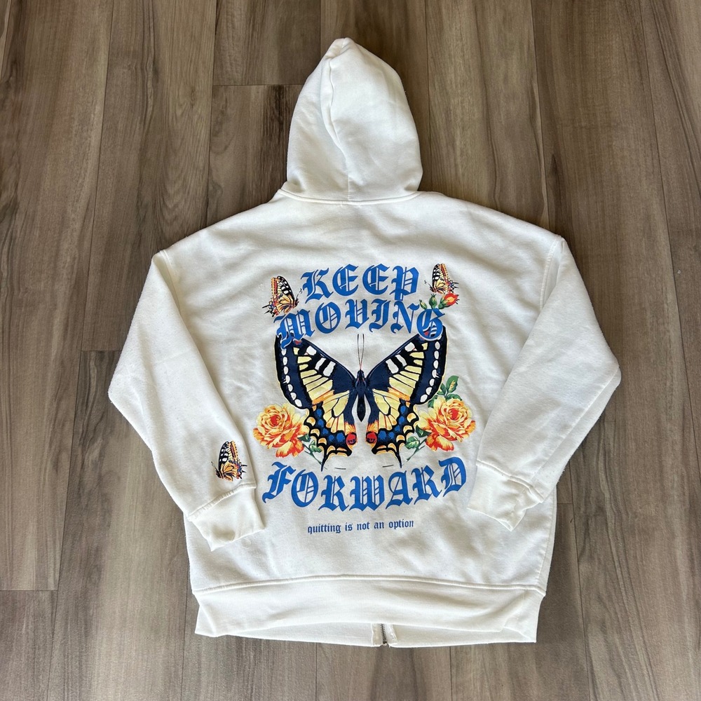Orange Kiss Keep Moving Forward Butterfly Graphic Zip Up Hoodie White Large 889